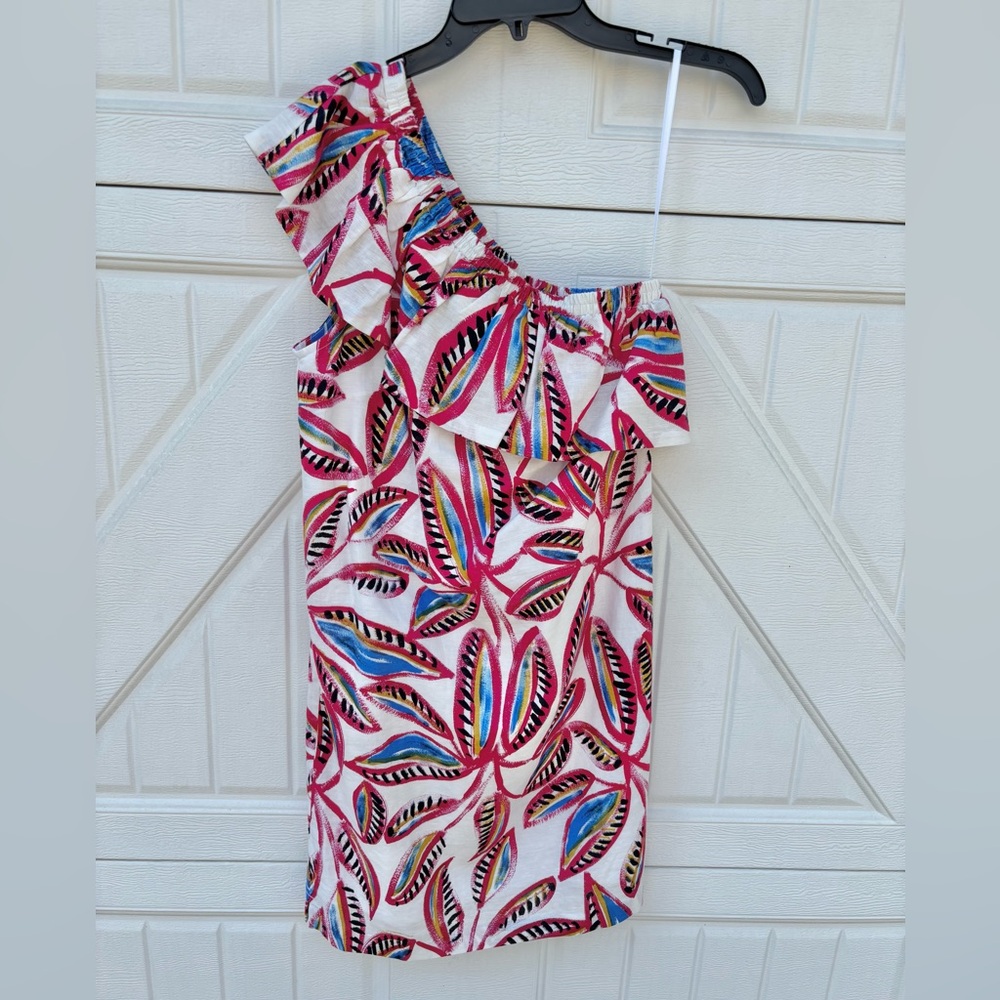 J.Crew One Shoulder Linen Blend Dress NWT Tropical Print Ruffle - XS